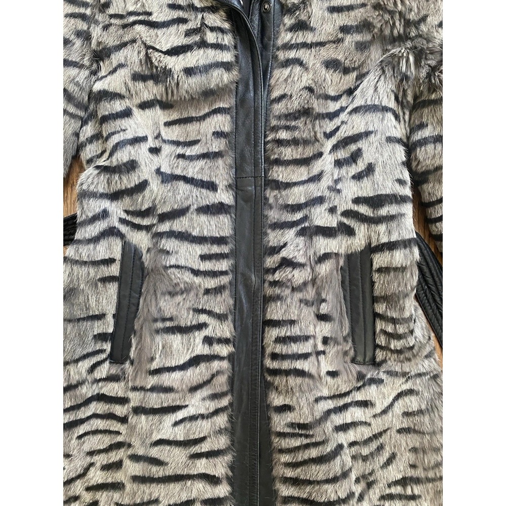 BEBE Vintage Y2K Genuine Rabbit Fur & Leather Tiger Print Trench Coat Jacket S - Picture 4 of 11